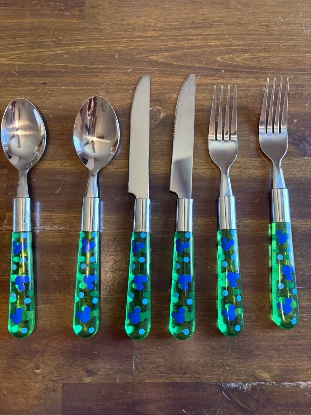 Vintage Mickey Mouse Stainless Steel Flatware Set Green Blue Translucent Logo 6